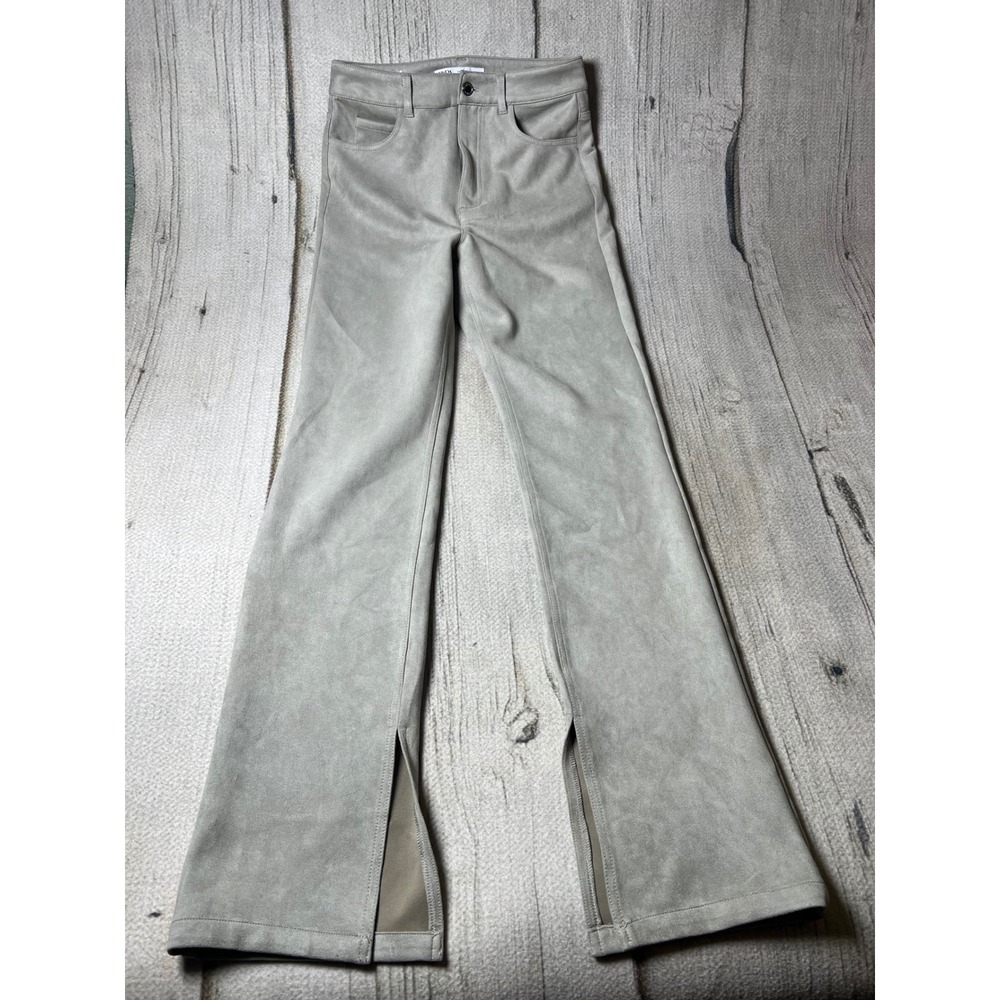 Zara Faux Suede Flare Pants Womens 4 Beige Split Hem Minimalist Boho